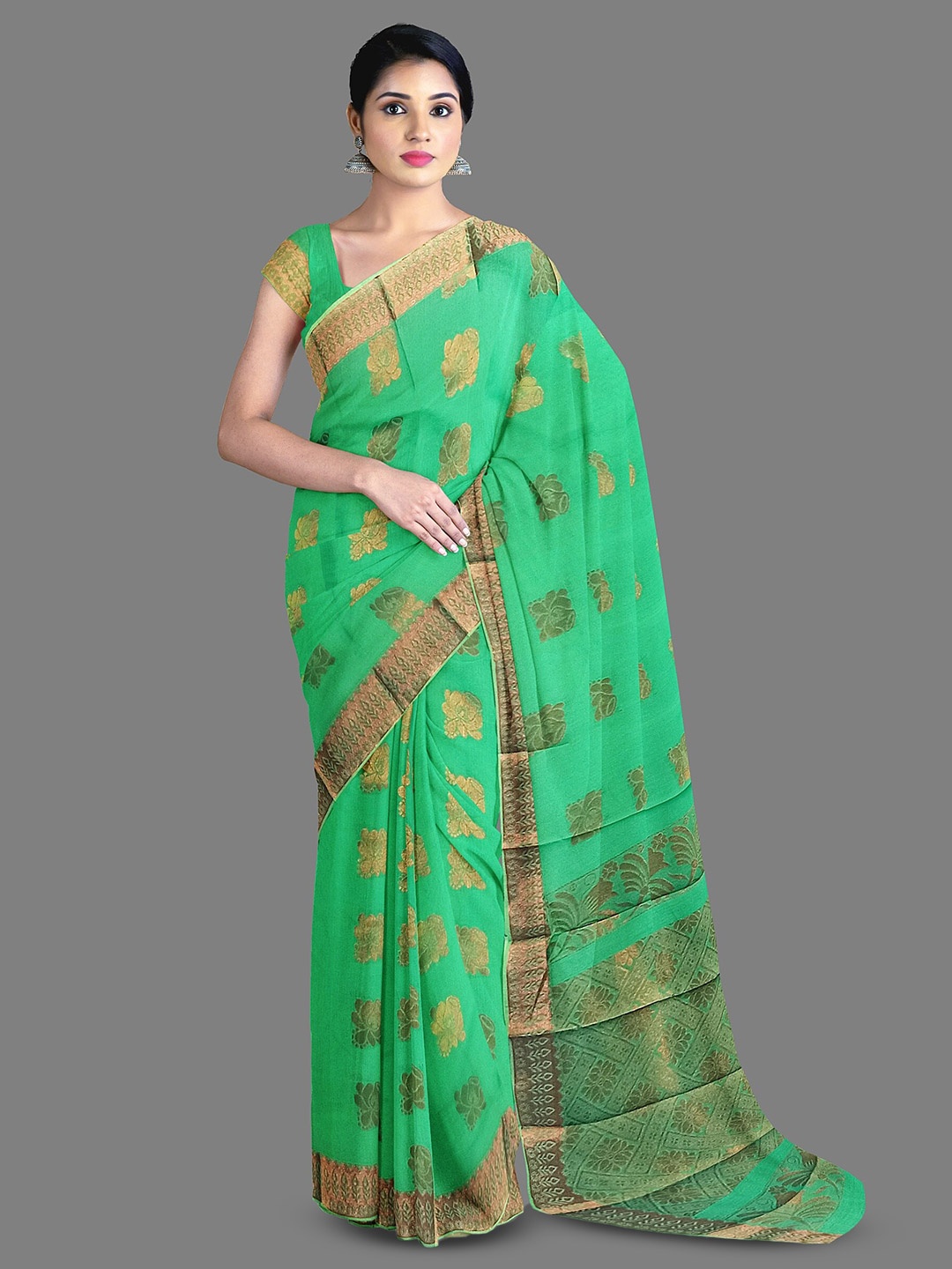 

The Chennai Silks Ethnic Motifs Woven Design Silk Cotton Saree, Green