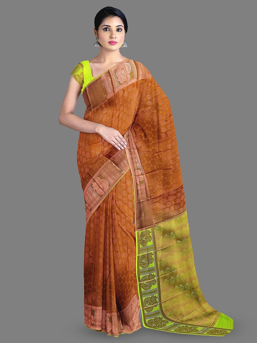 

The Chennai Silks Floral Woven Design Zari Kanjeevaram Saree, Brown