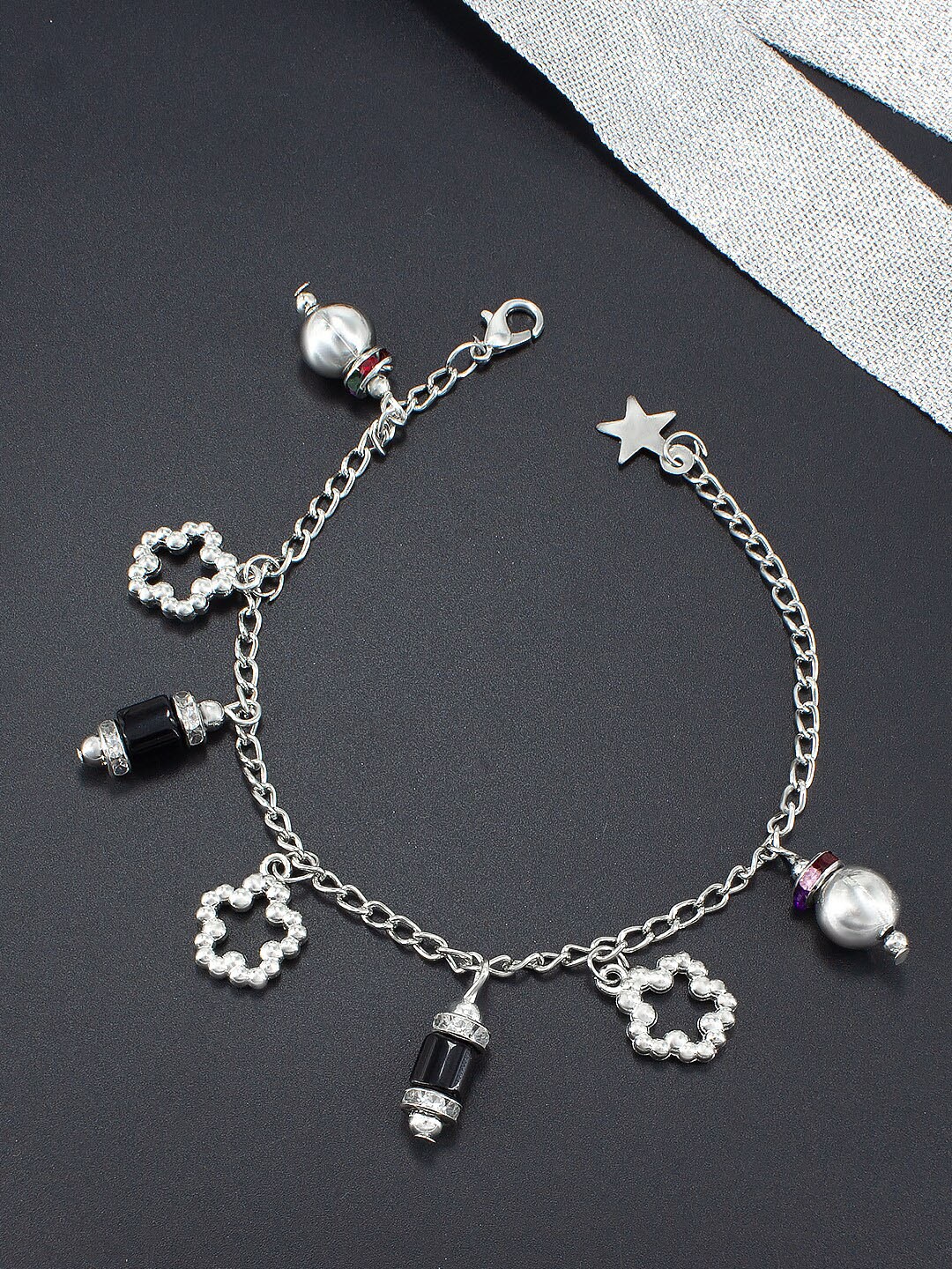 

PRIVIU Silver-Plated Stones-Studded & Beaded Anklet