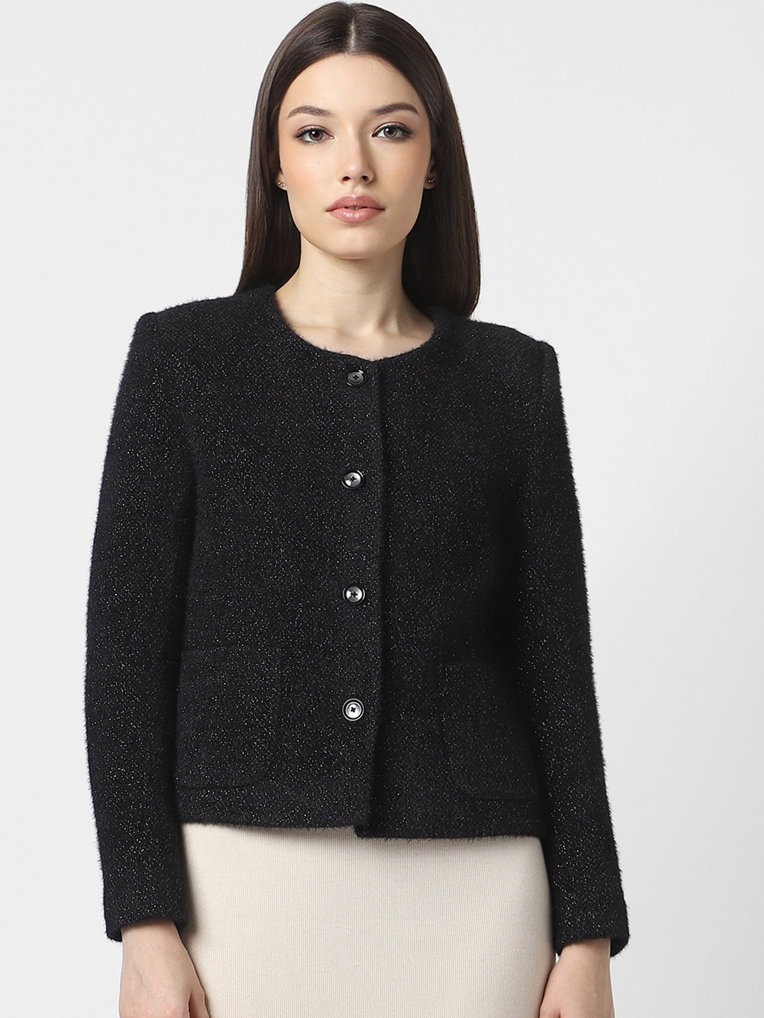 

Van Heusen Woman Self Design Long Sleeves Tailored Jacket, Black