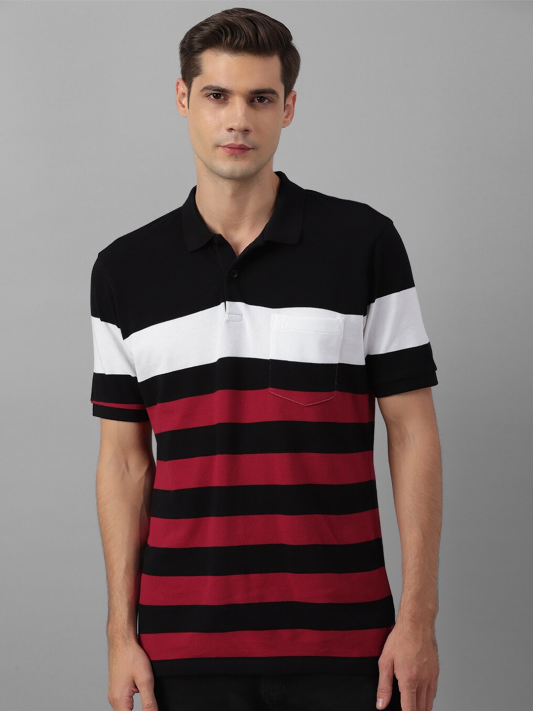 

Allen Solly Striped Polo Collar Pure Cotton T-shirt, Black