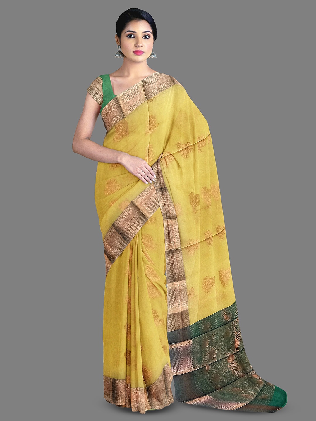 

The Chennai Silks Ethnic Motifs Woven Design Silk Cotton Zari Saree, Yellow