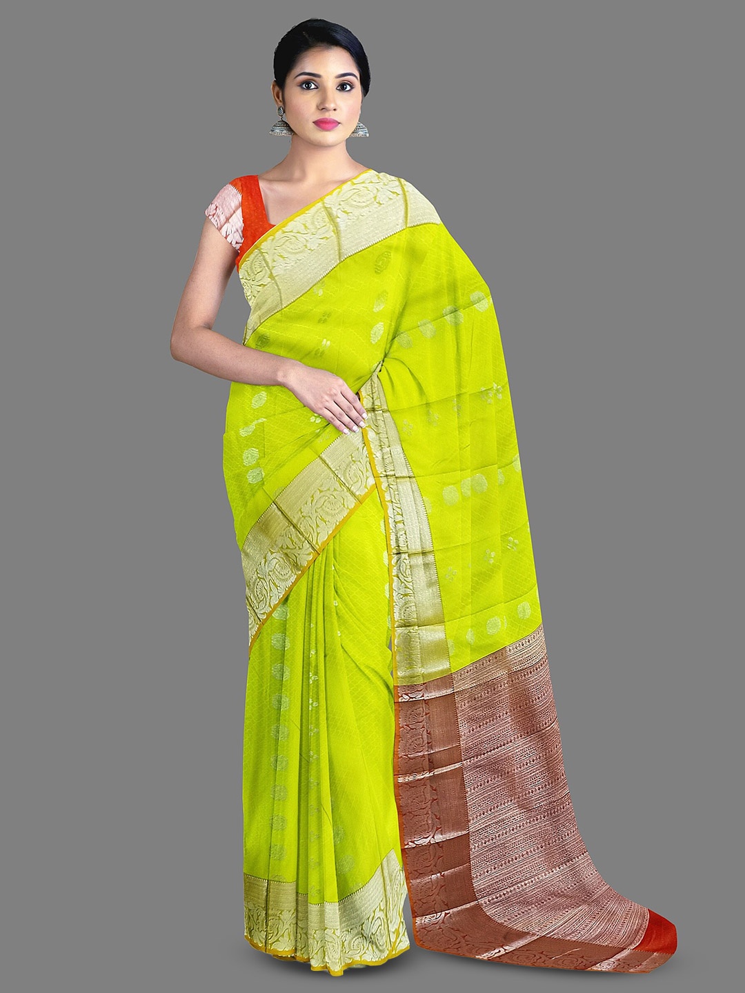 

The Chennai Silks Floral Woven Design Zari Kanjeevaram Saree, Lime green
