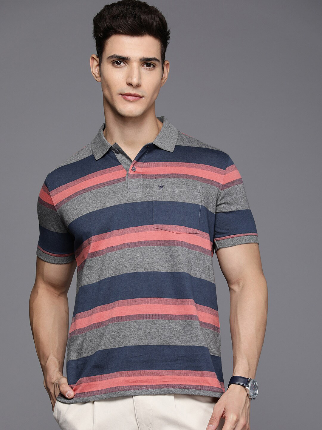 

Louis Philippe Striped Polo Collar Pure Cotton T-shirt, Grey