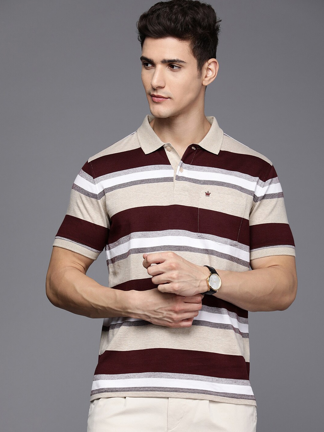 

Louis Philippe Striped Cotton Polo Collar T-shirt, Beige