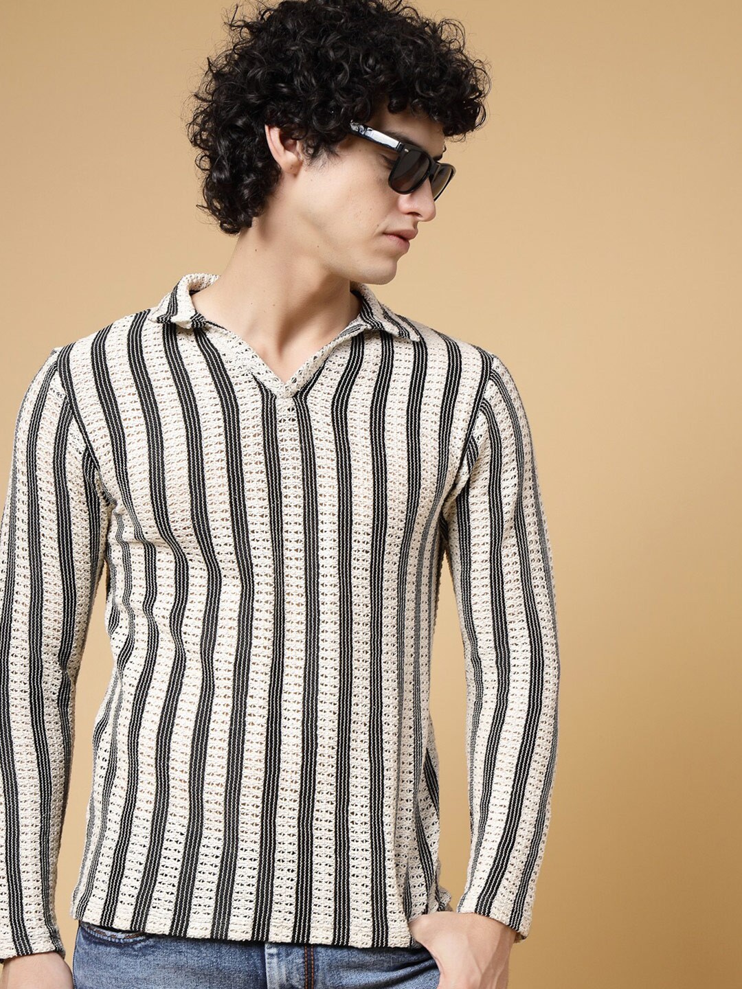 

Rigo Striped Crochet Polo Collar T-Shirt, Black