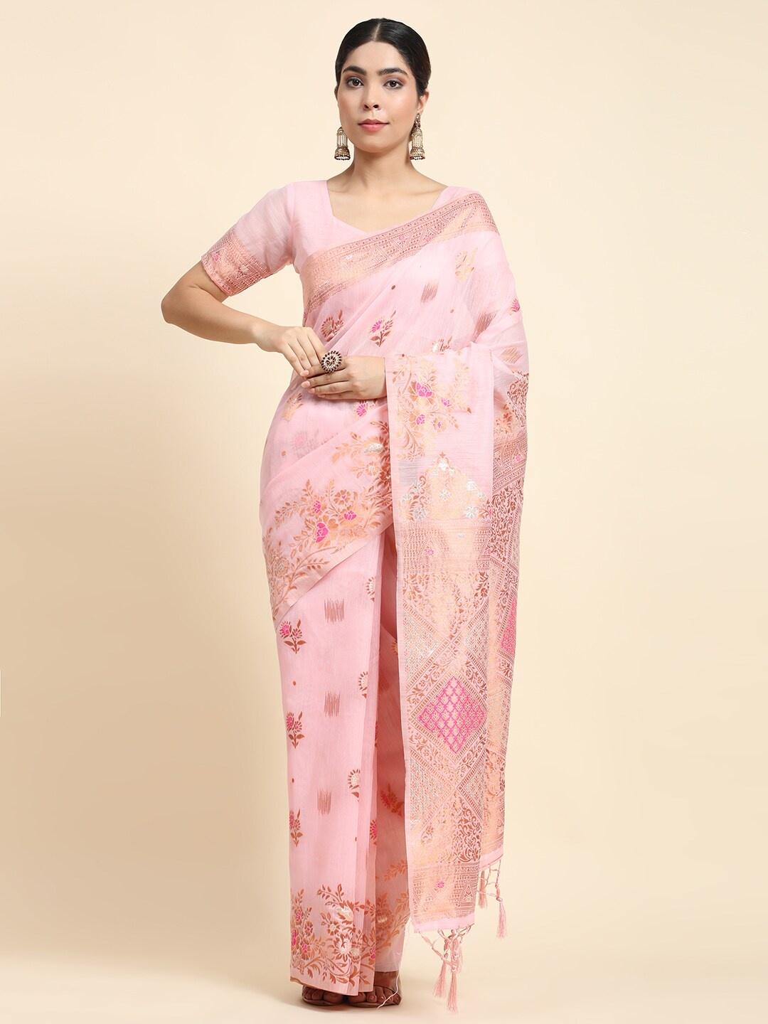 

JUST FASHION Ethnic Motifs Woven Design Zari Detail Saree, Pink