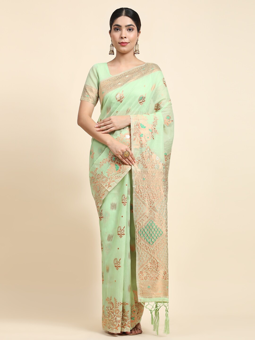 

JUST FASHION Floral Woven Design Zari Banarasi Saree, Green