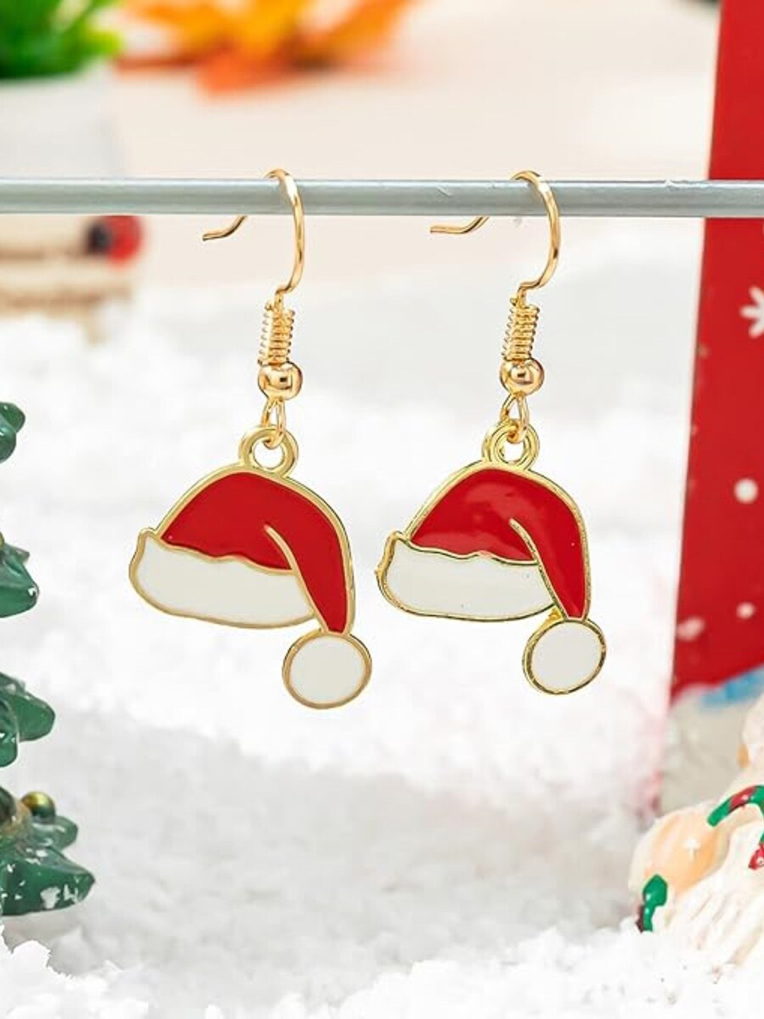 

EL REGALO Christmas Cap Contemporary Enamelled Drop Earrings, Gold