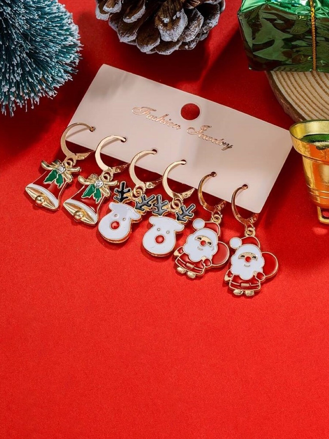 

EL REGALO Pack Of 3 Christmas Enamelled Detail Contemporary Hoop Earrings, Gold