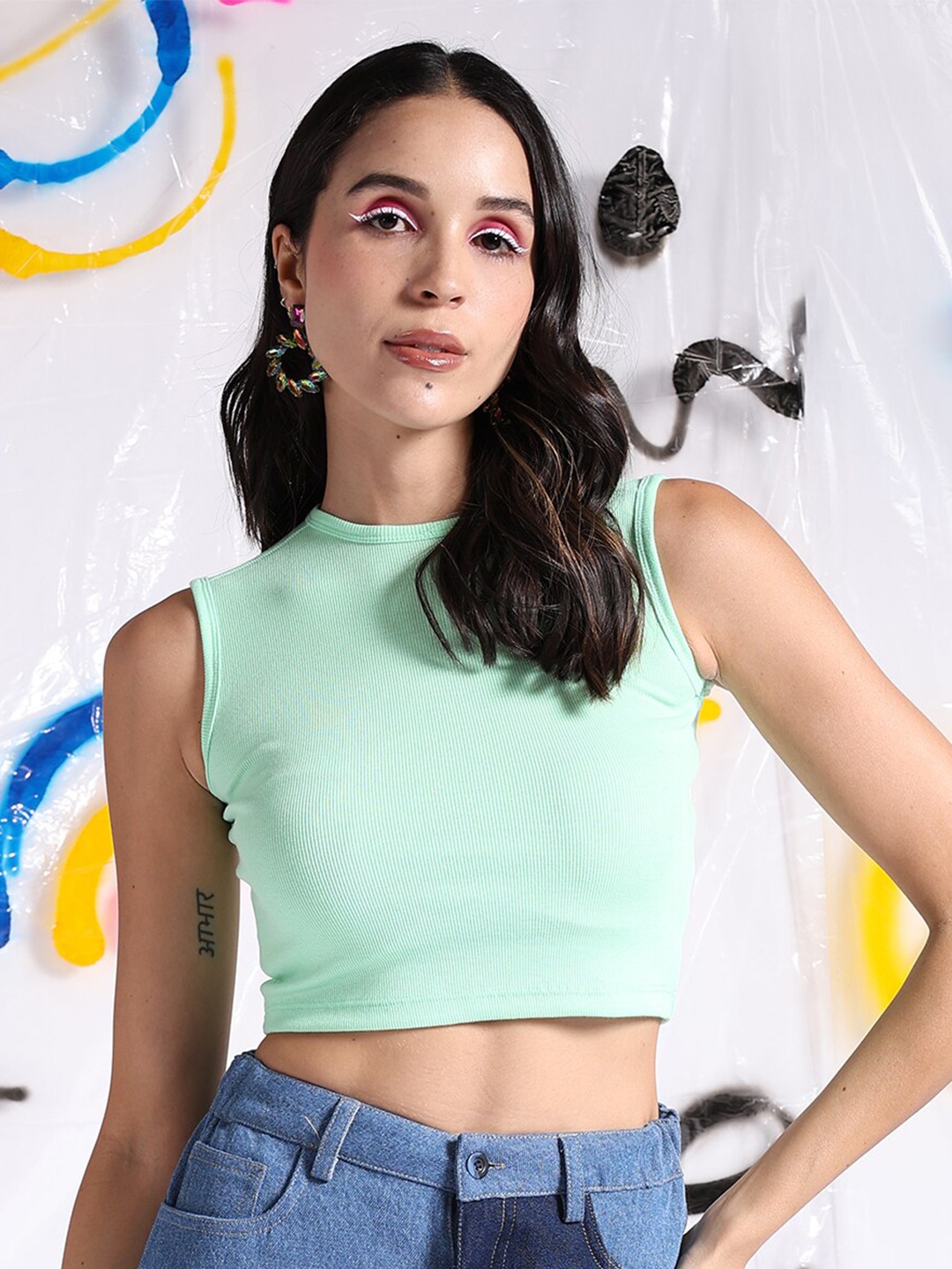 

Freehand by The Indian Garage Co Round Neck Fitted Crop Top, Green