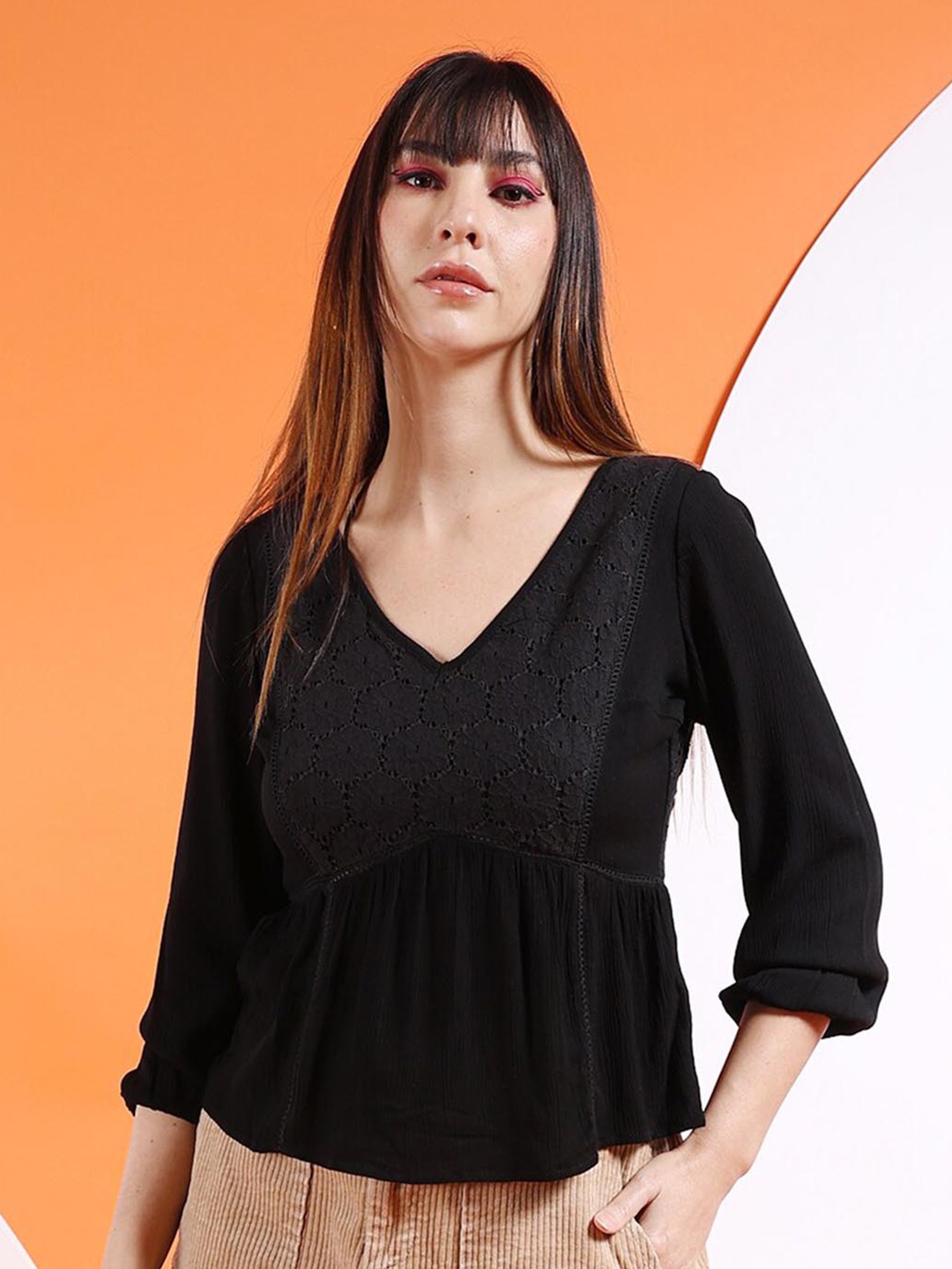 Freehand by The Indian Garage Co V-Neck A-Line Top, Black