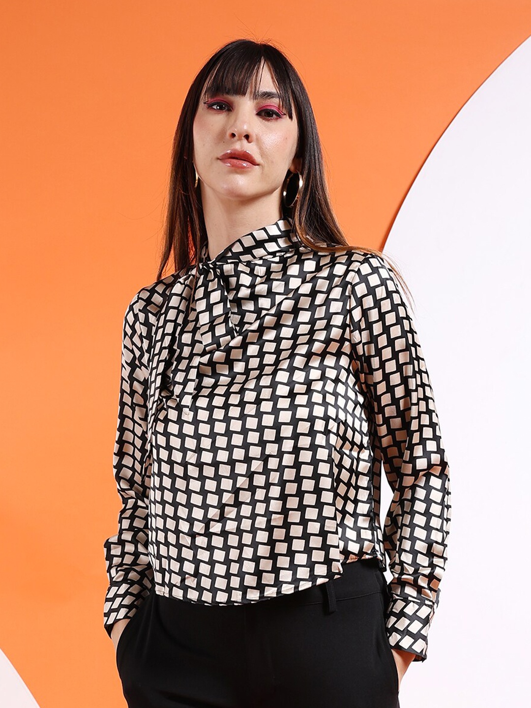 

Freehand by The Indian Garage Co Black Geometric Printed Tie-Up Neck Shirt Style Top