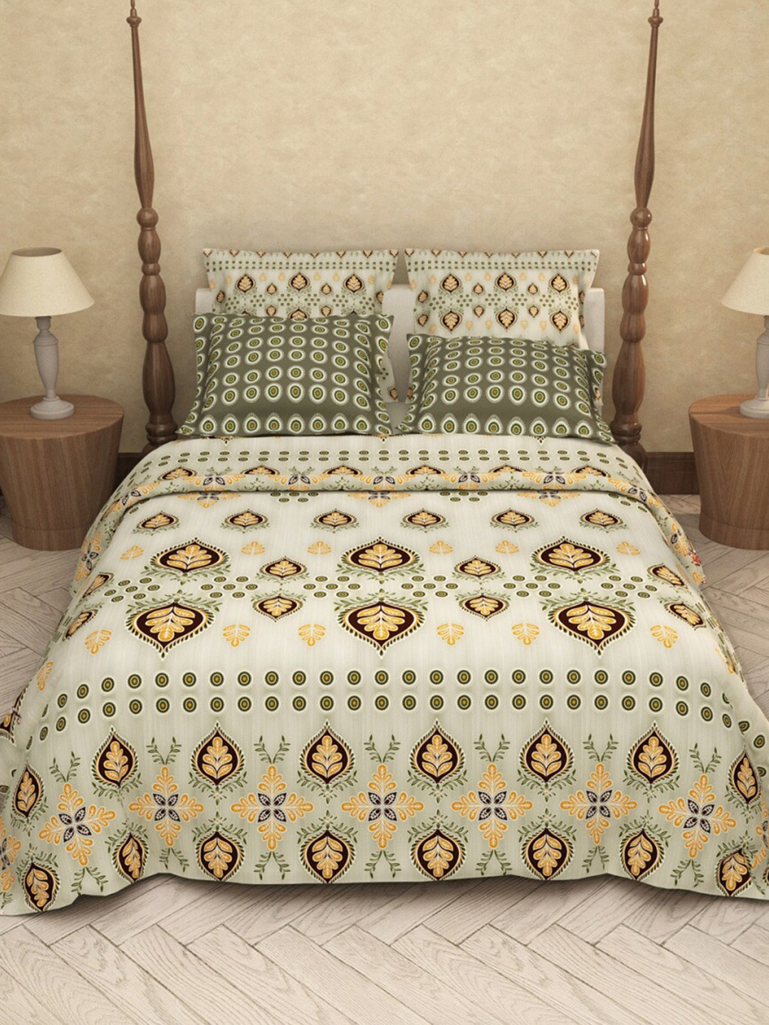 

LABHAM Olive Green Ethnic Motifs Cotton 200 TC King Bedsheet with 2 Pillow Covers