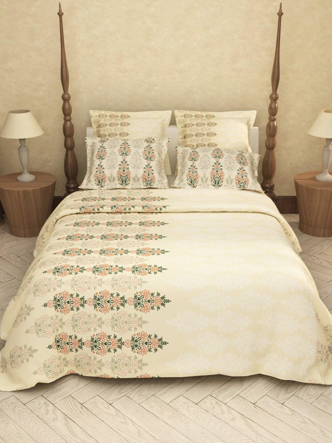 

LABHAM Off White Floral Cotton 200 TC King Bedsheet with 2 Pillow Covers