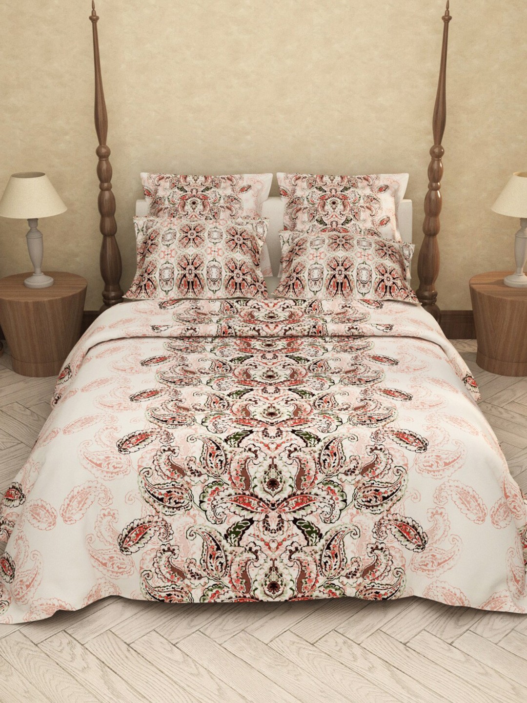 

LABHAM Pink Ethnic Motifs Cotton 200 TC King Bedsheet with 2 Pillow Covers