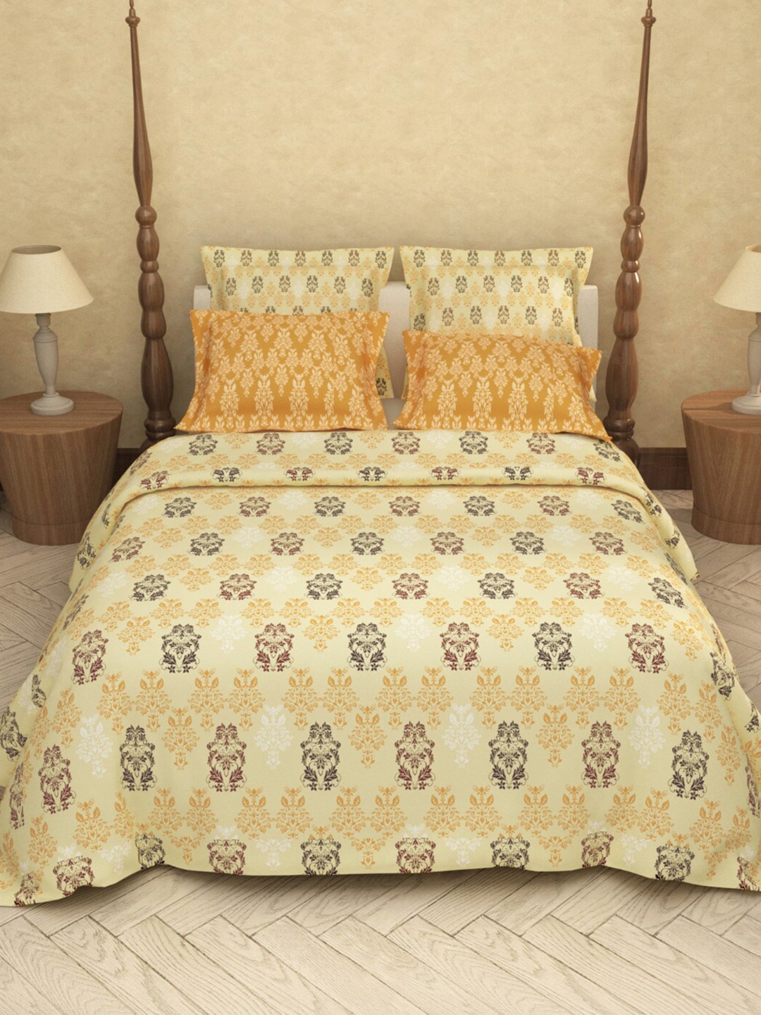 

LABHAM Yellow Ethnic Motifs Cotton 200 TC King Bedsheet with 2 Pillow Covers