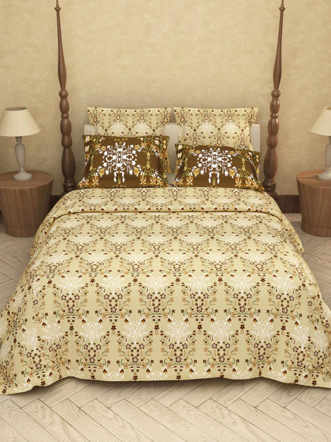 

LABHAM Beige Floral Cotton 200 TC King Bedsheet with 2 Pillow Covers