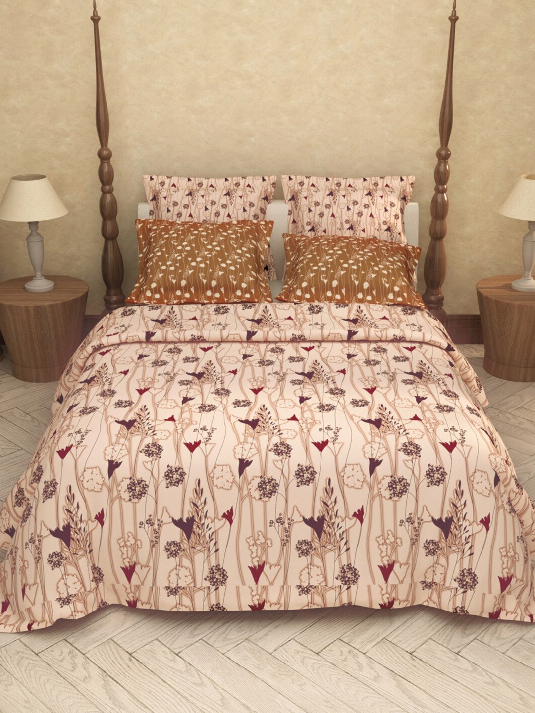 

LABHAM Peach Floral Cotton 200 TC King Bedsheet with 2 Pillow Covers