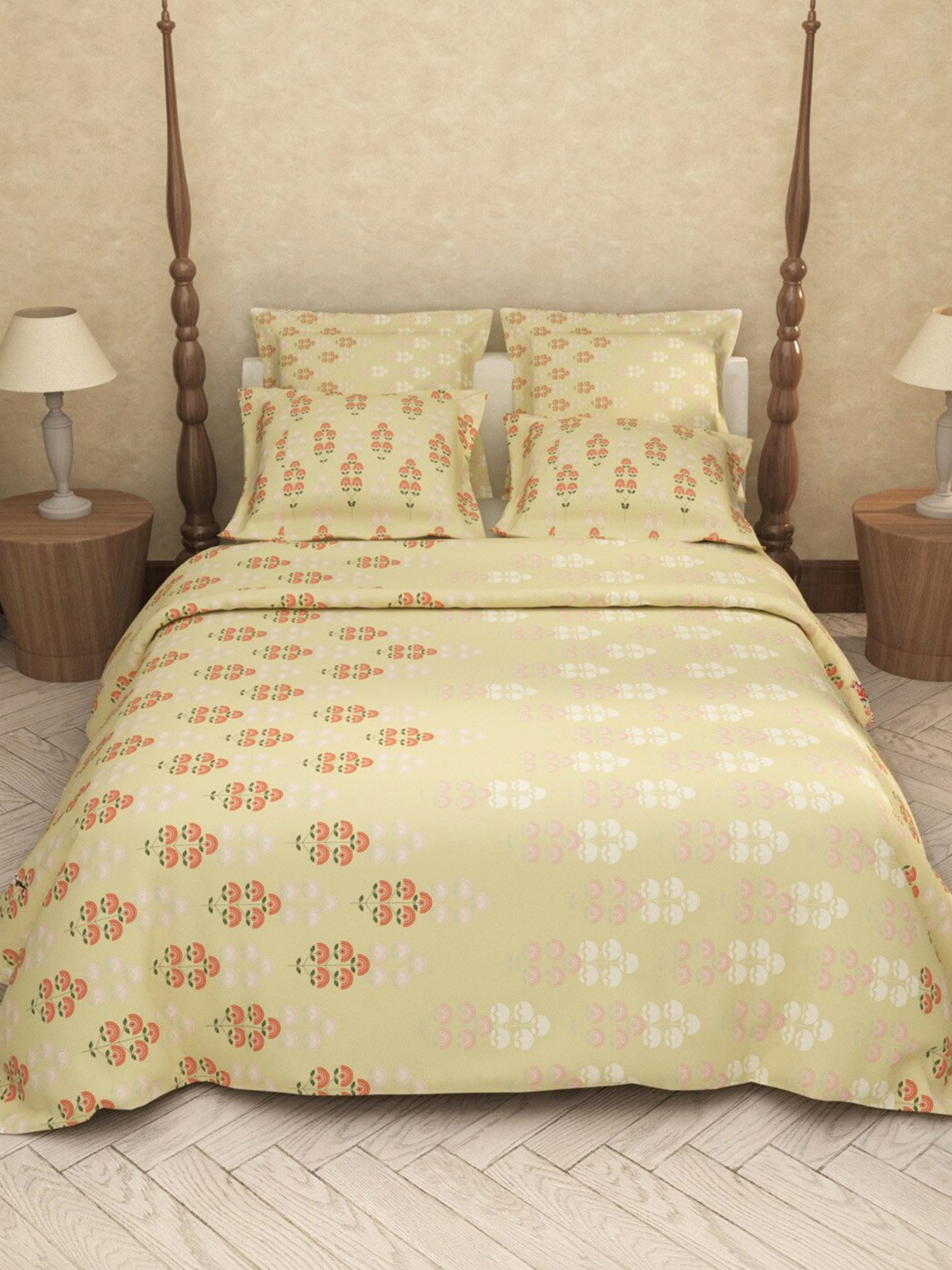 

LABHAM Cream Floral Cotton 200 TC King Bedsheet with 2 Pillow Covers