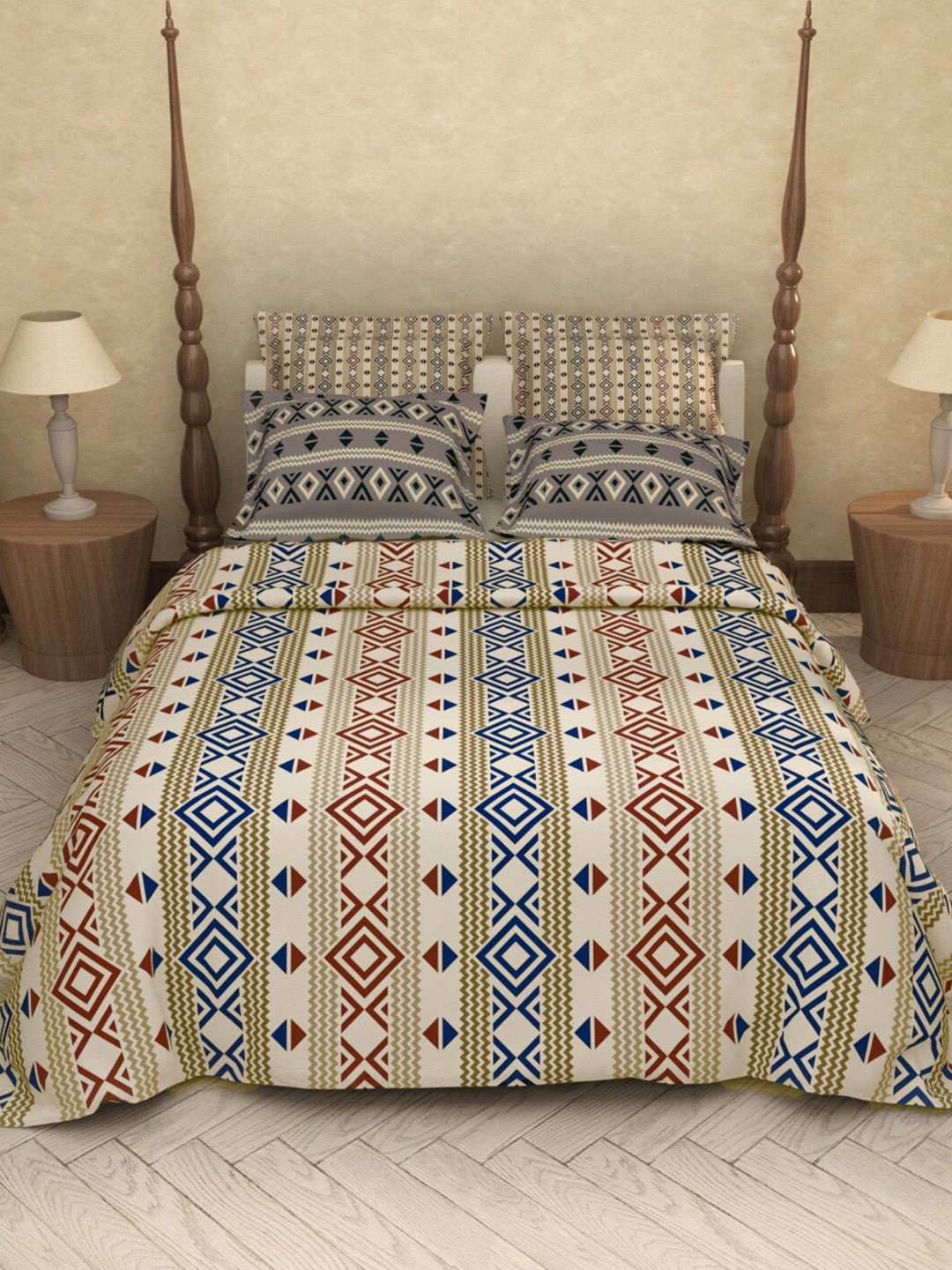 

LABHAM Beige Ethnic Motifs Cotton 200 TC King Bedsheet with 2 Pillow Covers