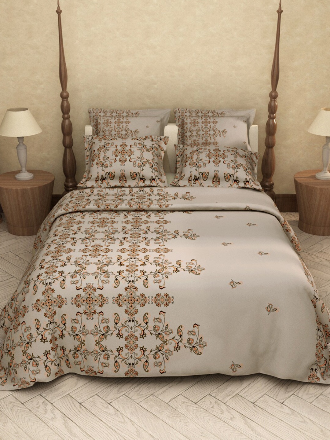 

LABHAM Grey Ethnic Floral Cotton 200 TC King Bedsheet with 2 Pillow Covers