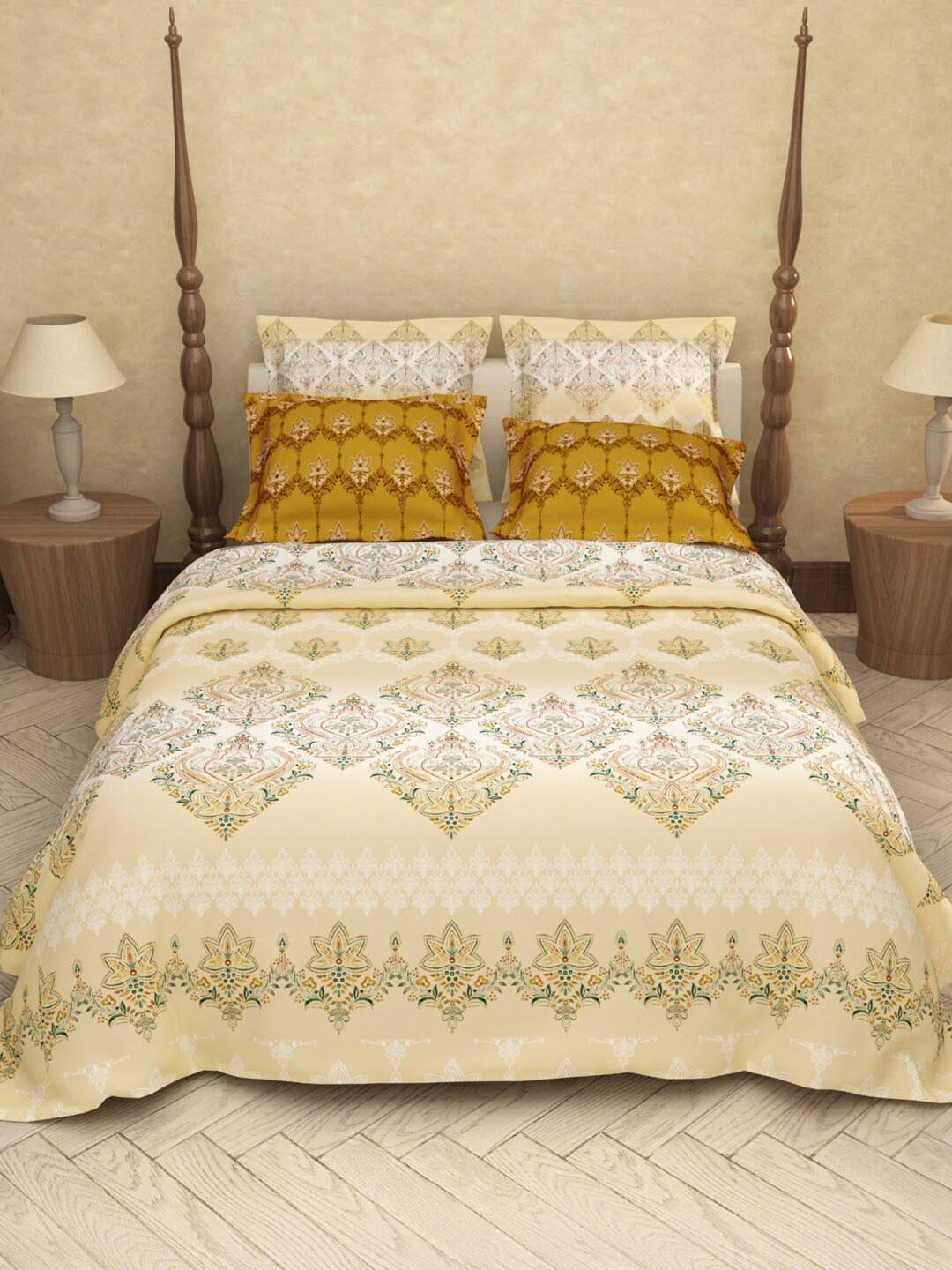 

LABHAM Beige Ethnic Motifs Cotton 200 TC King Bedsheet with 2 Pillow Covers