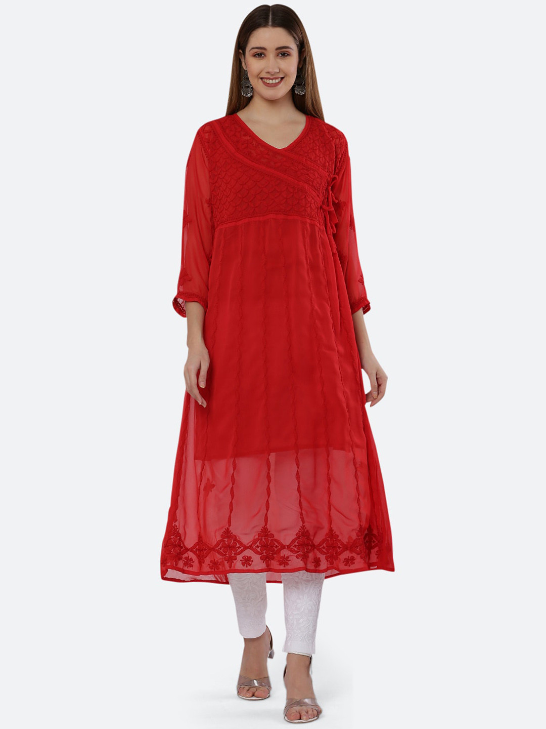 

FAWOMENT Ethnic Motifs Embroidered Chikankari Pure Georgette Straight Kurta, Red