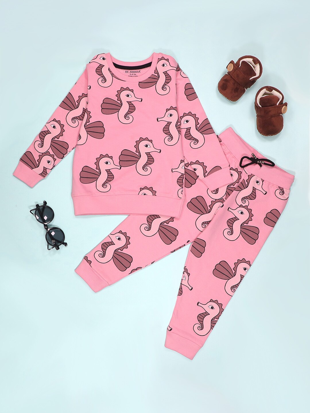 

BE AWARA Kids Printed Pure Cotton Sweatshirt With Trouser, Pink