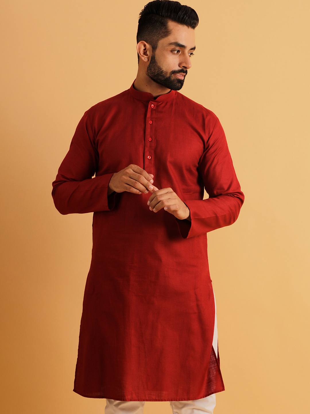 

Lightpole Mandarin Collar Cotton Kurta, Red