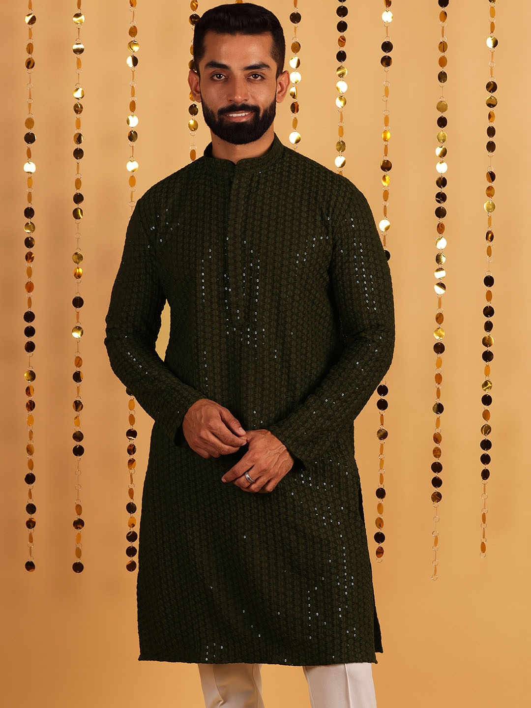

Lightpole Ethnic Motifs Embroidered Sequined Mandarin Collar Pure Cotton Kurta, Olive