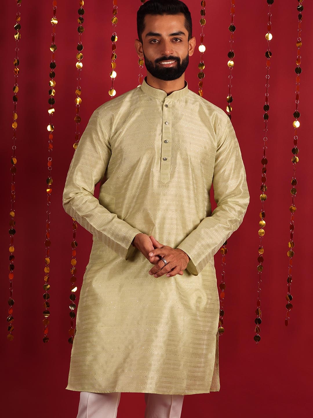 

Lightpole Woven Design Mandarin Collar Straight Kurta, Beige