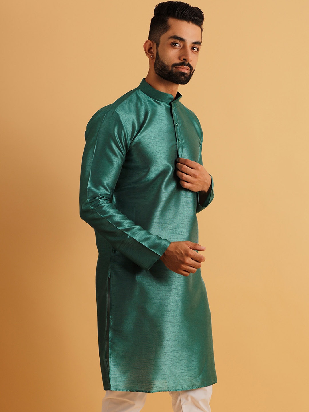 

Lightpole Mandarin Collar Long Sleeves Banarasi Silk Straight Kurta, Blue