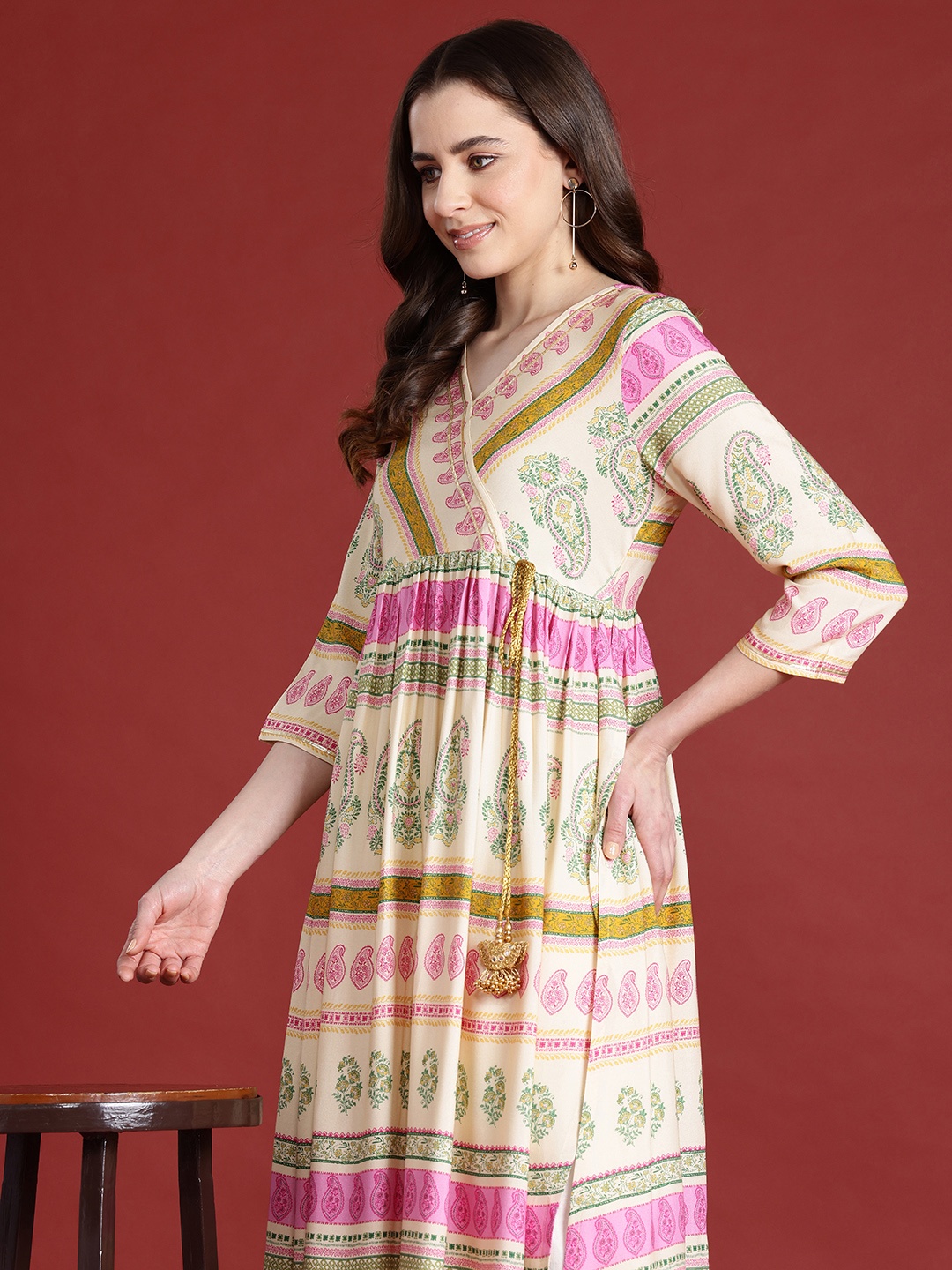 

Anouk Basant Bahaar Collection Paisley Print Angrakha Kurta, Cream