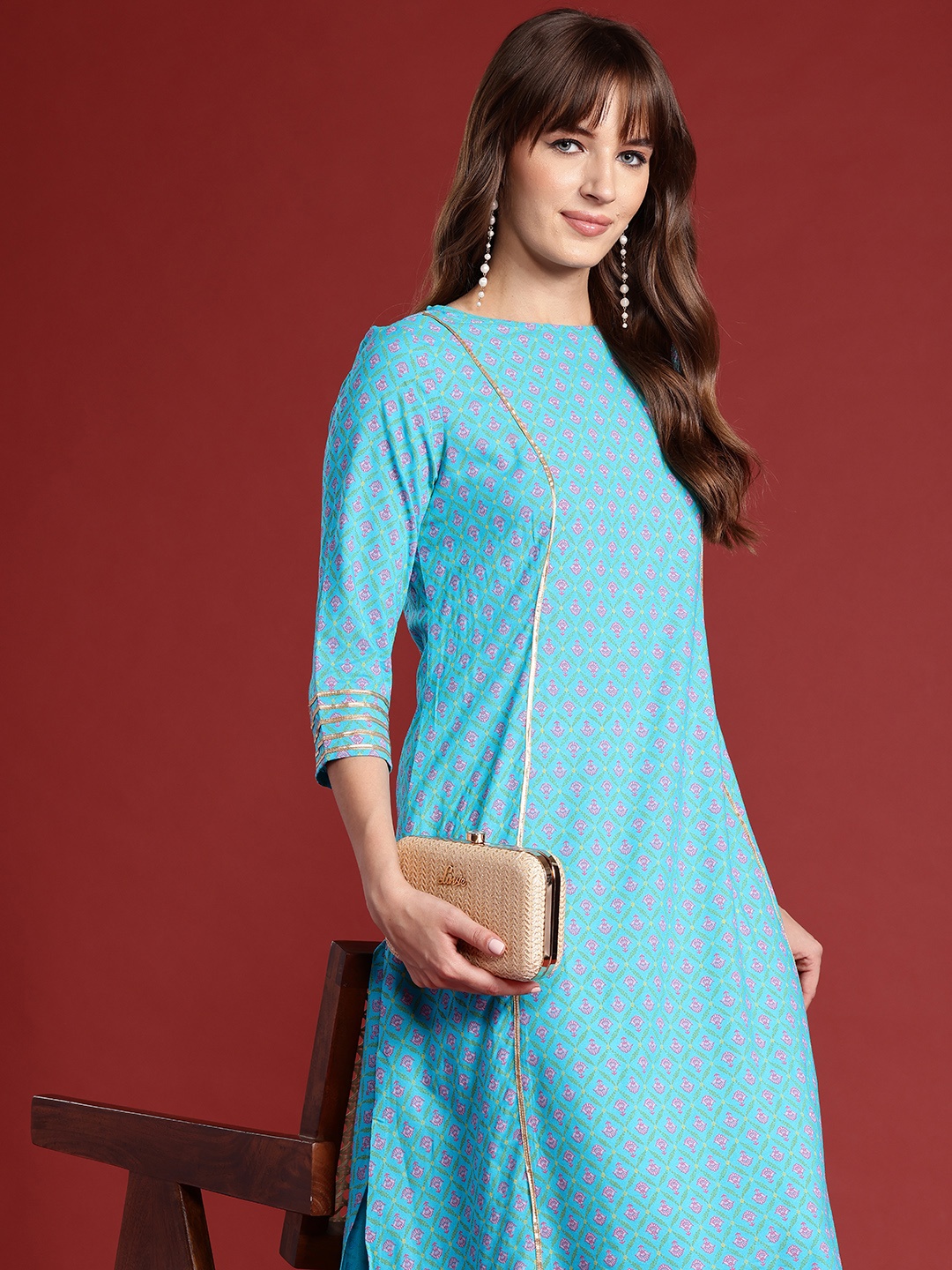 

Anouk Ethnic Motifs Print Gotta Patti Straight Kurta, Blue