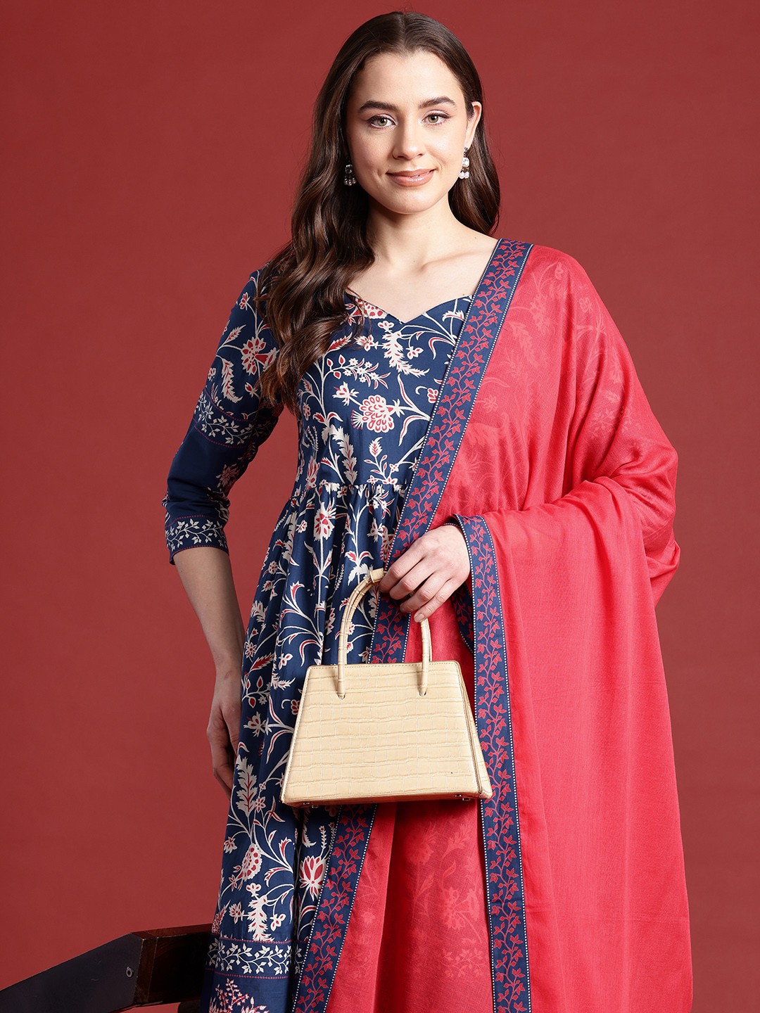 

Anouk Ethnic Motifs Printed Pleated Pure Cotton A-Line Kurta with Palazzos & With Dupatta, Navy blue