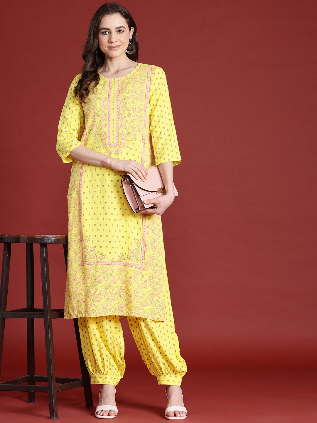 

Anouk Floral Print Tie-Up Back Kurta with Salwar, Yellow