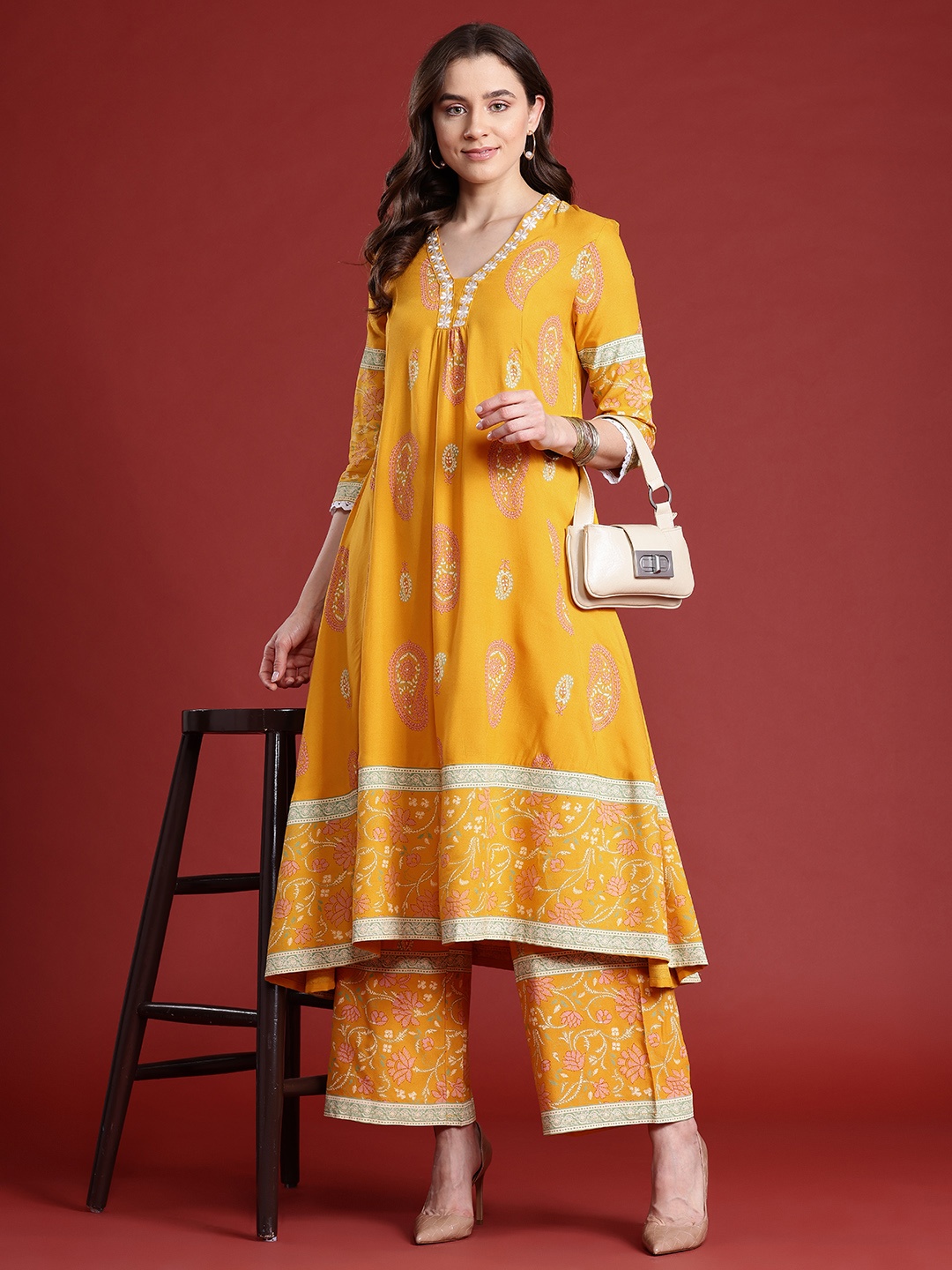 

Anouk Basant Bahaar Collection Paisley Print Kurta with Palazzos, Mustard