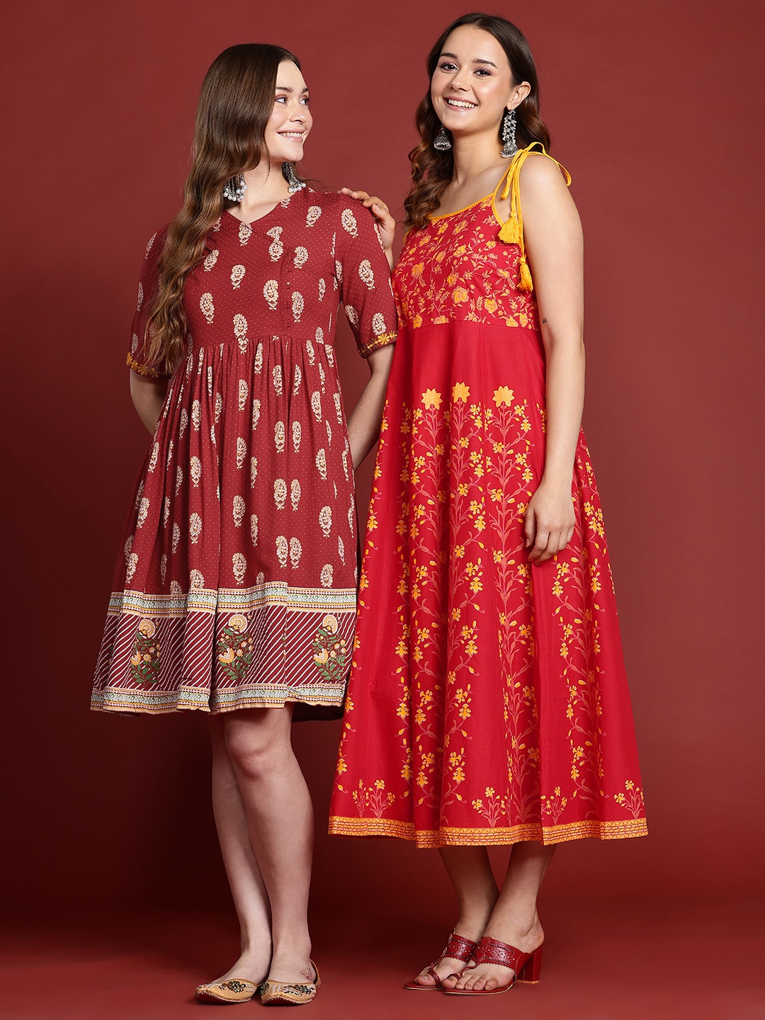 

Anouk Floral Printed Sleeveless Pure Cotton Midi Ethnic Dress, Red