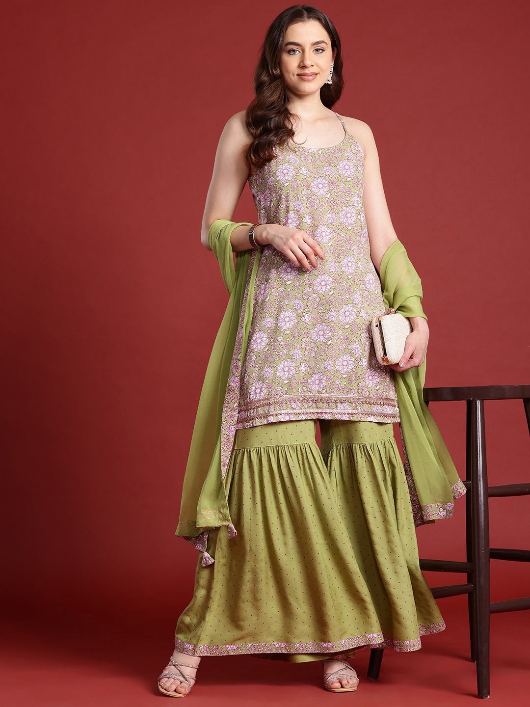 

Anouk X Basant Bahaar Floral Printed A-Line Kurta With Sharara & Dupatta, Olive