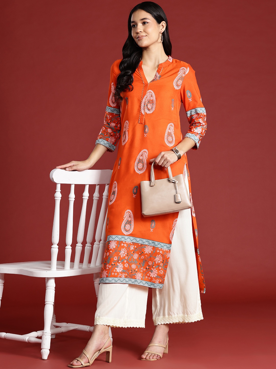 

Anouk Paisley Print Gotta Patti Kurta, Orange