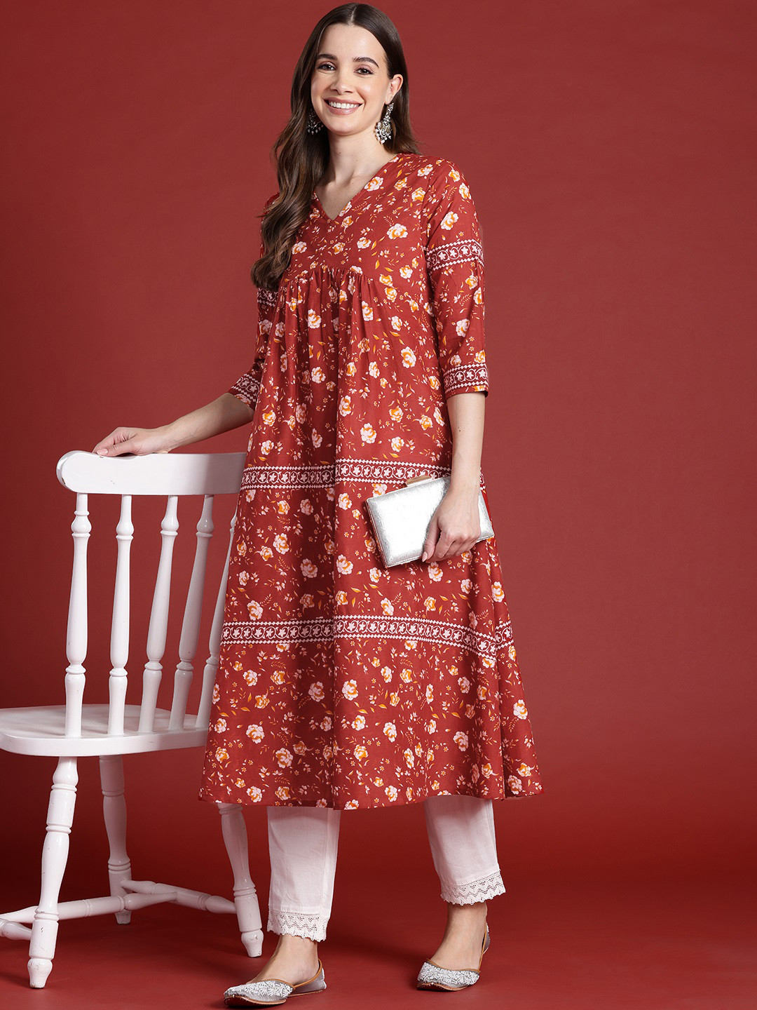 

Anouk Kaarkhana Collection Floral Print Cotton Pleated A-Line Kurta, Maroon