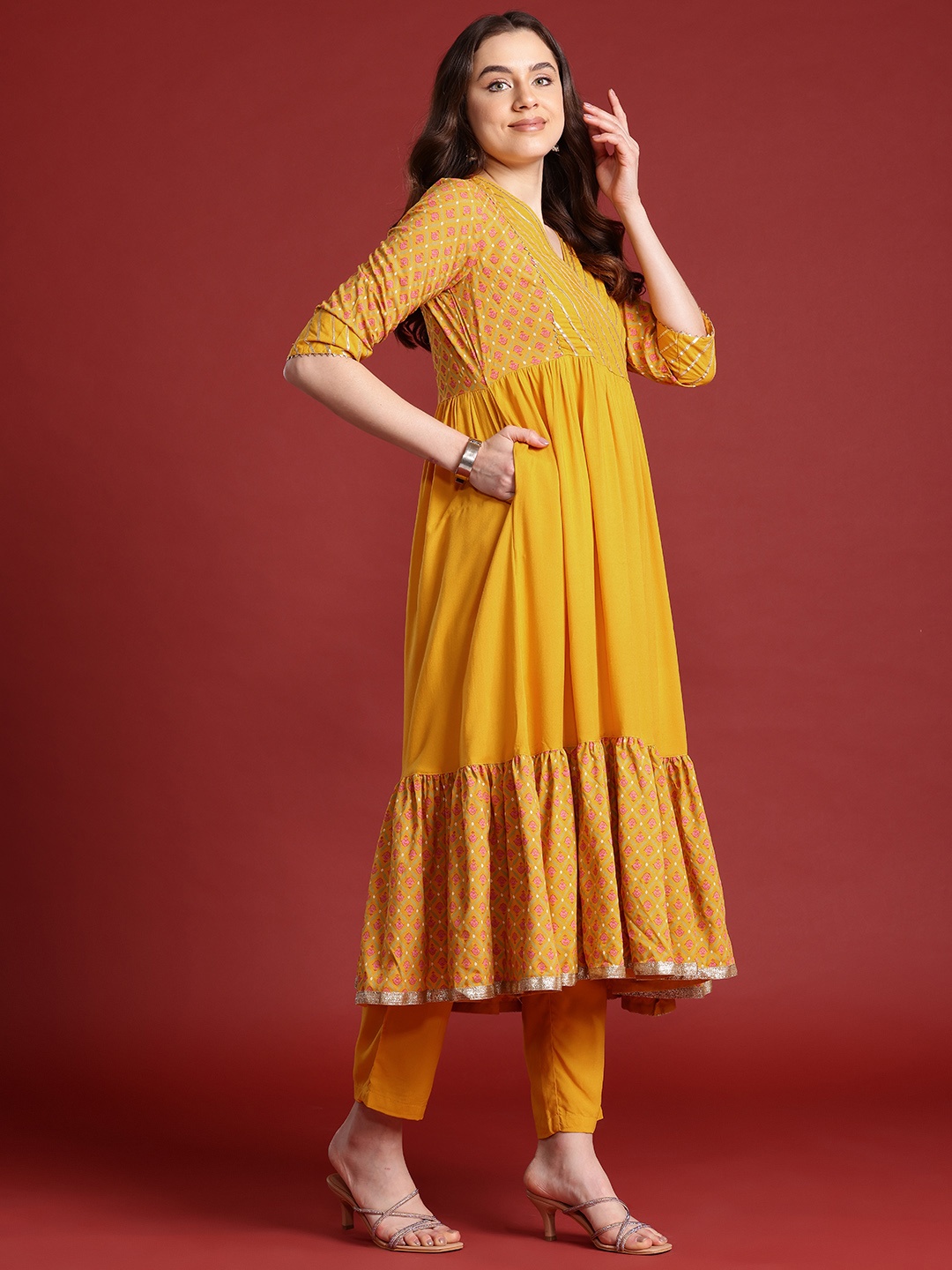 

Anouk Women Floral Printed Angrakha Gotta Patti Kurta with Trousers & Dupatta, Mustard