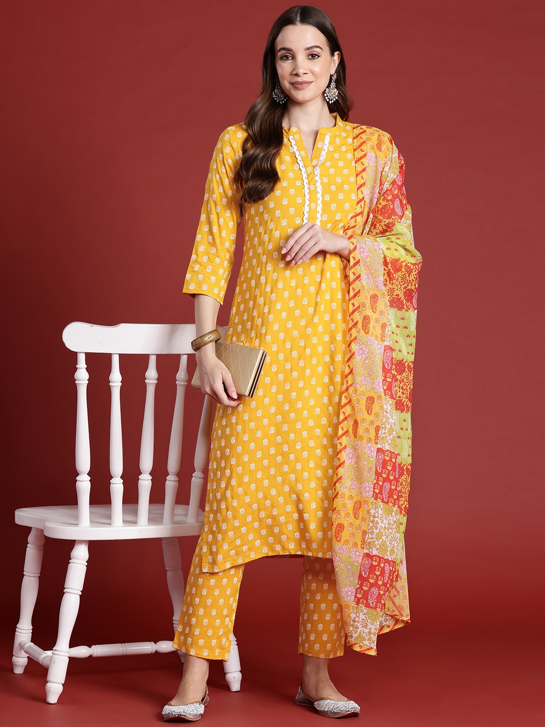 

Anouk Ethnic Motifs Print Kurta with Trousers & Dupatta, Mustard