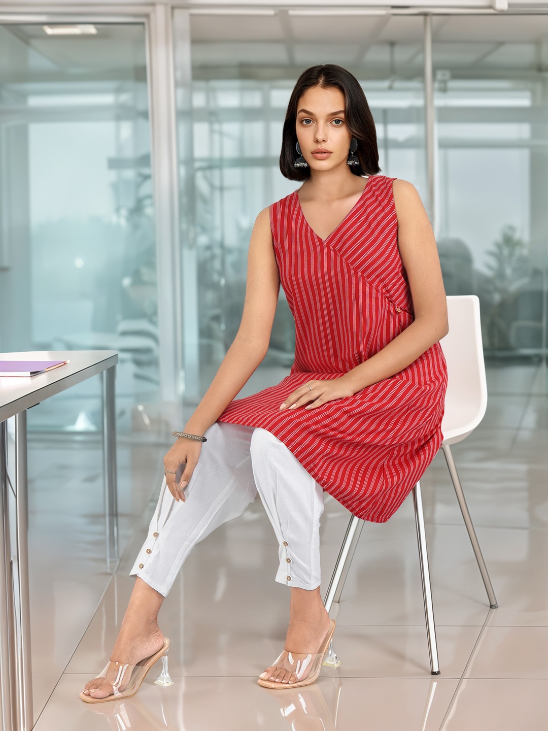 

Anouk Women Striped Angrakha Kurta With Trousers, Red