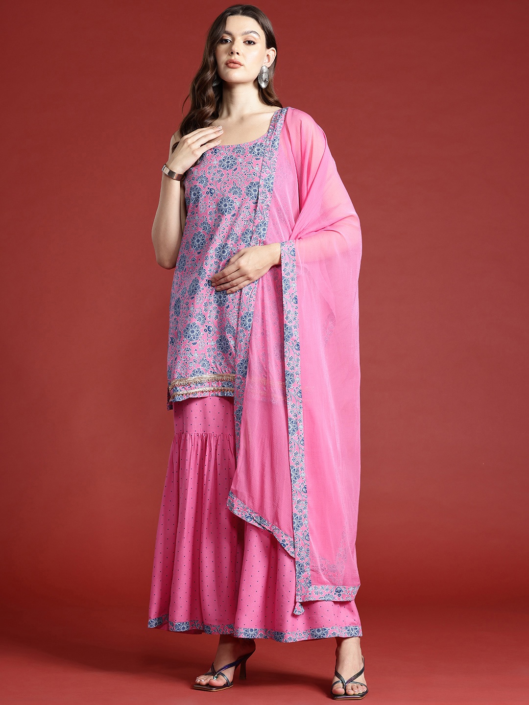 

Anouk Floral Printed Regular Kurti with Sharara & With Dupatta, Pink