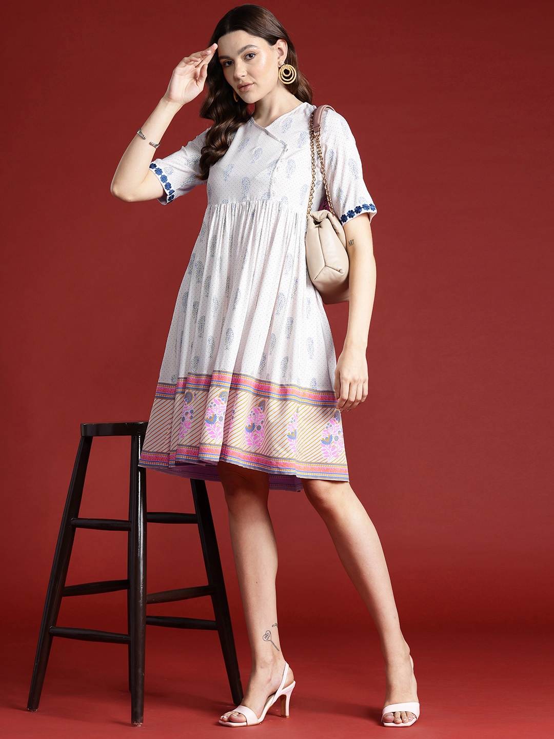 

Anouk Ethnic Motifs Print Lace-Up Back A-Line Dress, White