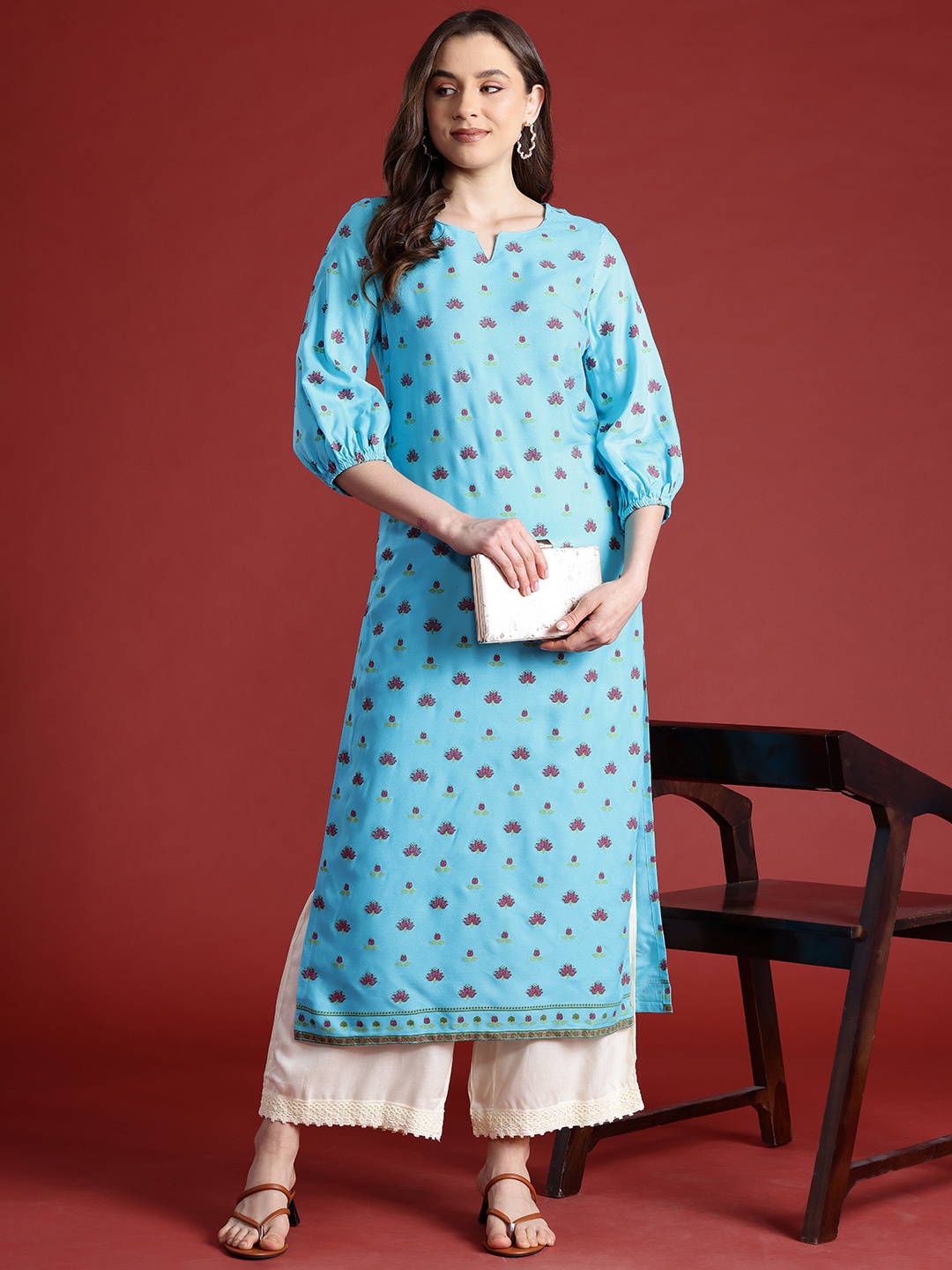 

Anouk Floral Printed Puff Sleeves Straight Kurta, Blue