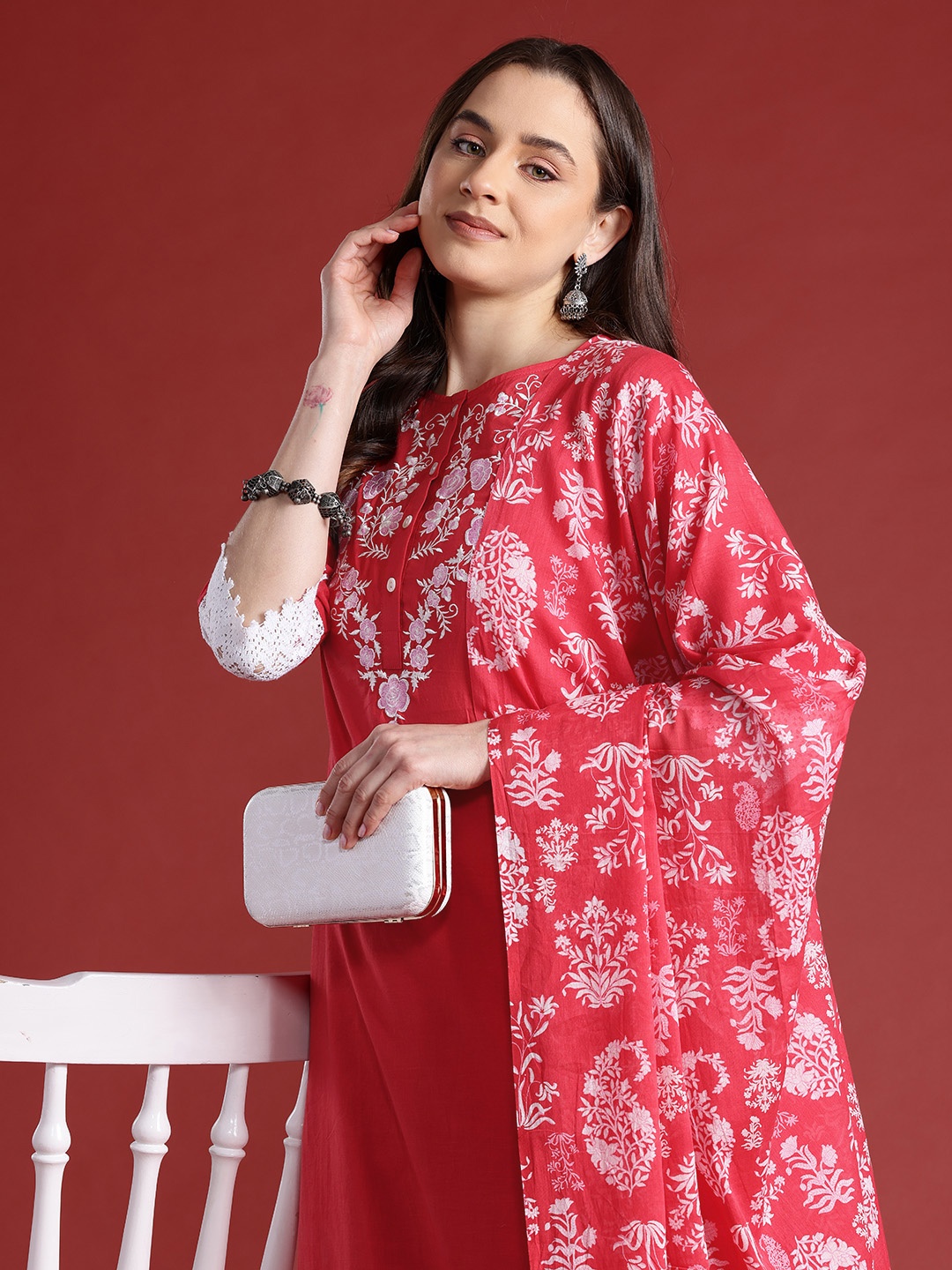 

Anouk Floral Embroidered Pure Cotton Kurta with Trousers & Dupatta, Red