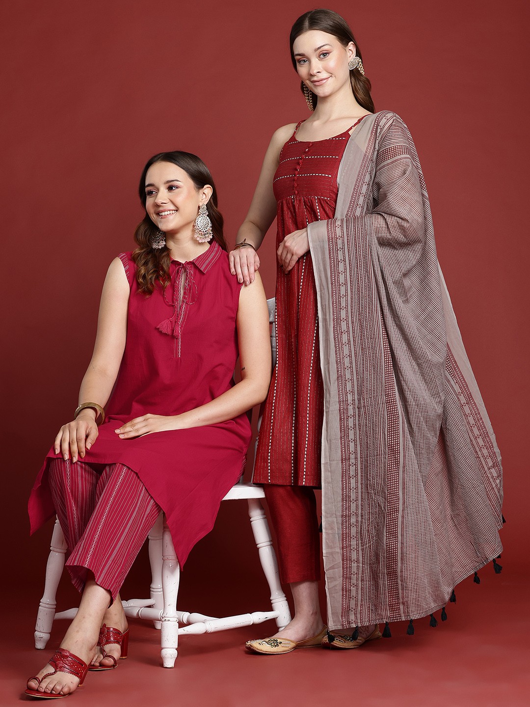 

Anouk Women Woven Design A-Line Kurta With Trousers & Printed Dupatta, Red